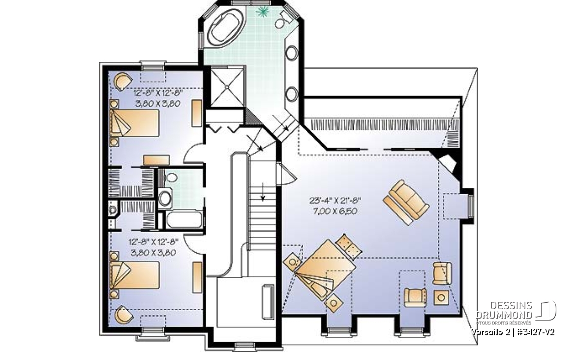 Étage - Plan de maison 3 chambres, grande suite des maîtres, garage double, cathédrale, 2 foyers, mezzanine - Versaille 2