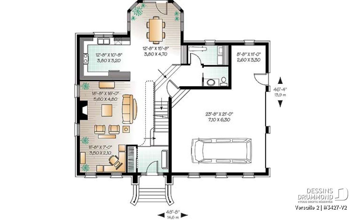 Rez-de-chaussée - Plan de maison 3 chambres, grande suite des maîtres, garage double, cathédrale, 2 foyers, mezzanine - Versaille 2