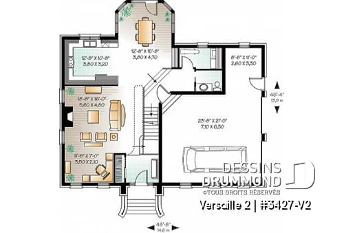 Rez-de-chaussée - Plan de maison 3 chambres, grande suite des maîtres, garage double, cathédrale, 2 foyers, mezzanine - Versaille 2