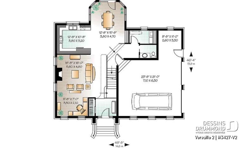 Rez-de-chaussée - Plan de maison 3 chambres, grande suite des maîtres, garage double, cathédrale, 2 foyers, mezzanine - Versaille 2