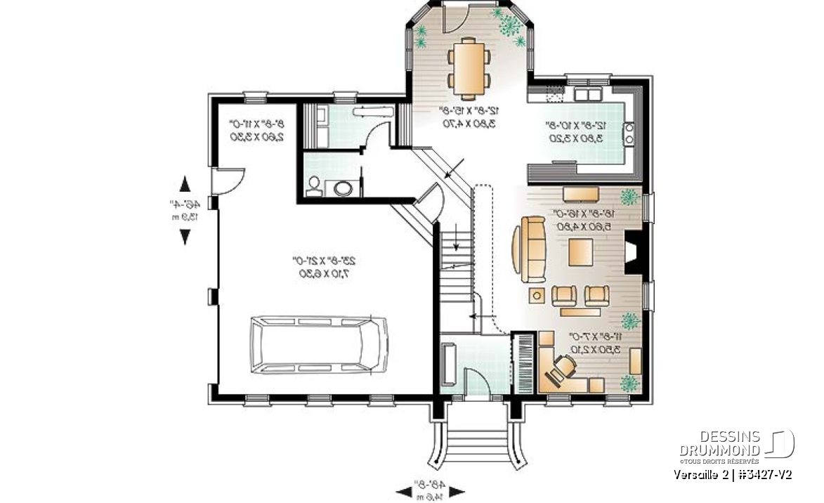 Rez-de-chaussée - Plan de maison 3 chambres, grande suite des maîtres, garage double, cathédrale, 2 foyers, mezzanine - Versaille 2