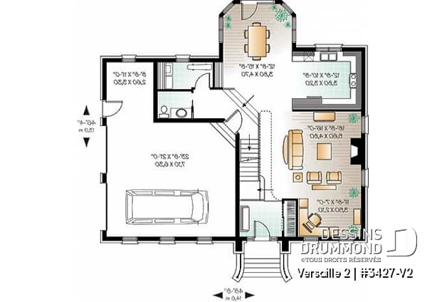 Rez-de-chaussée - Plan de maison 3 chambres, grande suite des maîtres, garage double, cathédrale, 2 foyers, mezzanine - Versaille 2