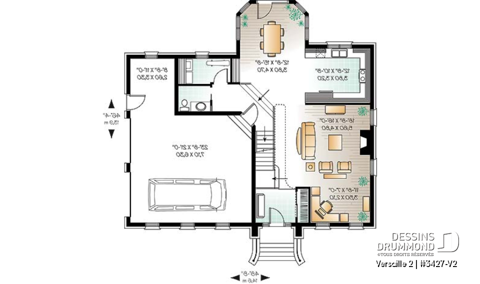 Rez-de-chaussée - Plan de maison 3 chambres, grande suite des maîtres, garage double, cathédrale, 2 foyers, mezzanine - Versaille 2