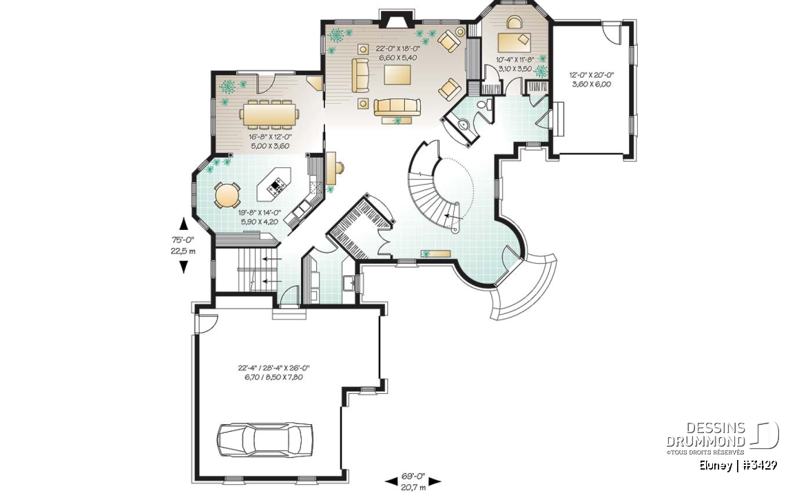 Rez-de-chaussée - Plan de maison somptueuse, 3 à 4 chambres, grande cuisine avec coin déjeuner, bureau, garage triple - Eluney
