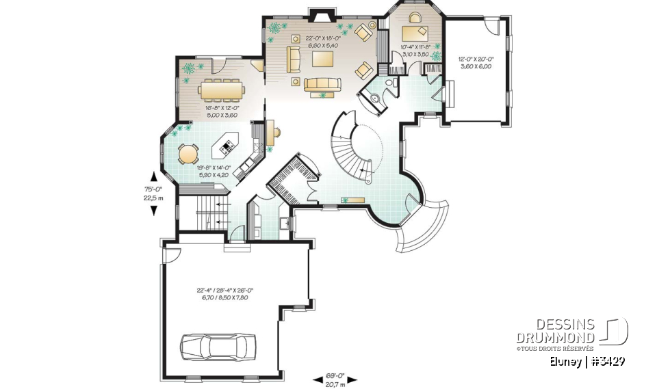 Rez-de-chaussée - Plan de maison somptueuse, 3 à 4 chambres, grande cuisine avec coin déjeuner, bureau, garage triple - Eluney
