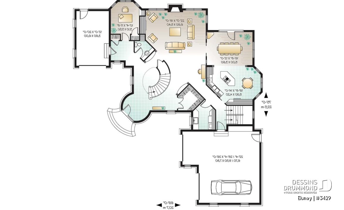 Rez-de-chaussée - Plan de maison somptueuse, 3 à 4 chambres, grande cuisine avec coin déjeuner, bureau, garage triple - Eluney