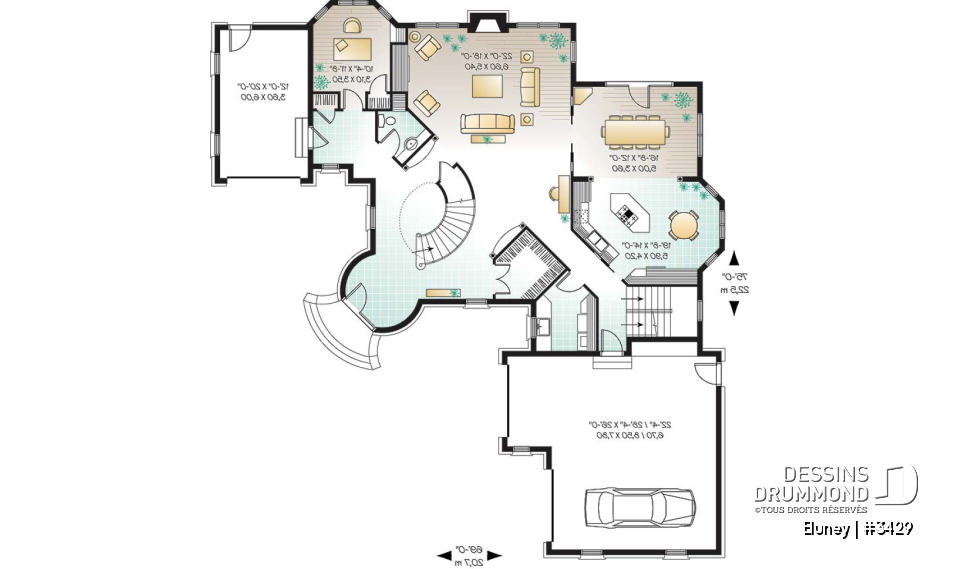 Rez-de-chaussée - Plan de maison somptueuse, 3 à 4 chambres, grande cuisine avec coin déjeuner, bureau, garage triple - Eluney