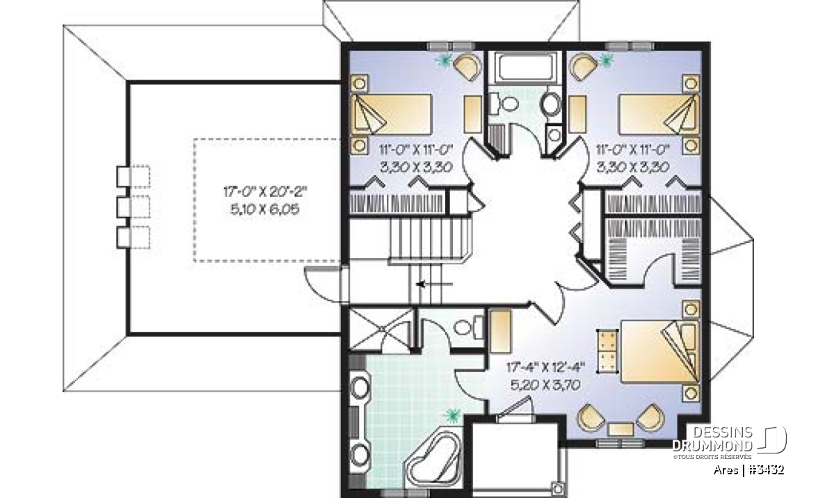 Étage - Plan de maison à étage, 3 chambres, 1 grande pièce bonus (chambre #4), garage double, bureau, foyer double - Ares