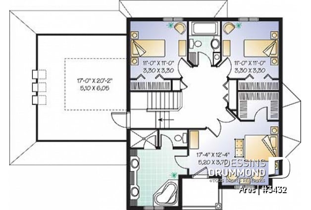 Étage - Plan de maison à étage, 3 chambres, 1 grande pièce bonus (chambre #4), garage double, bureau, foyer double - Ares