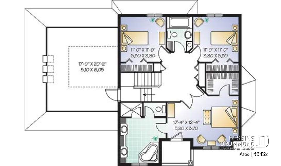 Étage - Plan de maison à étage, 3 chambres, 1 grande pièce bonus (chambre #4), garage double, bureau, foyer double - Ares