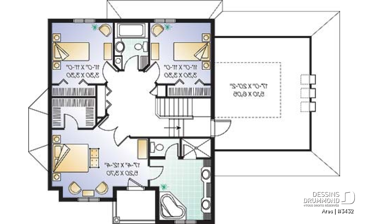 Étage - Plan de maison à étage, 3 chambres, 1 grande pièce bonus (chambre #4), garage double, bureau, foyer double - Ares