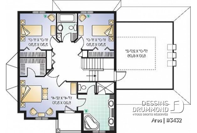 Étage - Plan de maison à étage, 3 chambres, 1 grande pièce bonus (chambre #4), garage double, bureau, foyer double - Ares
