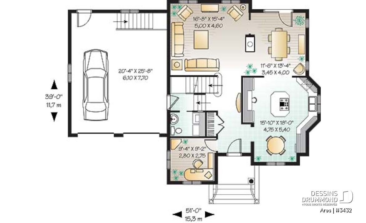 Rez-de-chaussée - Plan de maison à étage, 3 chambres, 1 grande pièce bonus (chambre #4), garage double, bureau, foyer double - Ares