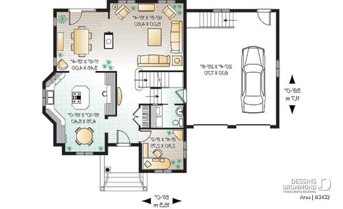 Rez-de-chaussée - Plan de maison à étage, 3 chambres, 1 grande pièce bonus (chambre #4), garage double, bureau, foyer double - Ares