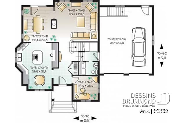 Rez-de-chaussée - Plan de maison à étage, 3 chambres, 1 grande pièce bonus (chambre #4), garage double, bureau, foyer double - Ares