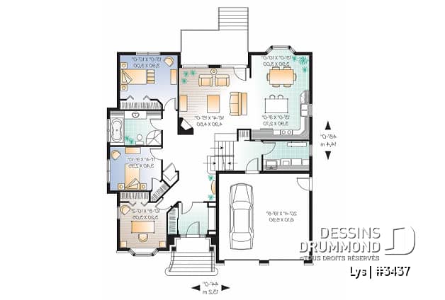 Rez-de-chaussée - Plan de cottage avec suite des maîtres sur tout l'étage, garage double, 3 chambres + bureau à domicile, foyer - Lys