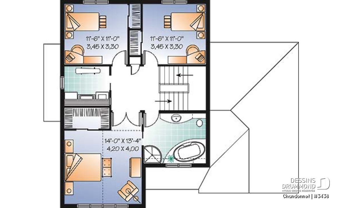 Étage - Plan maison champêtre, 3 chambres, garage, salon en contrebas, salle lavage à l'étage - Chandonnet