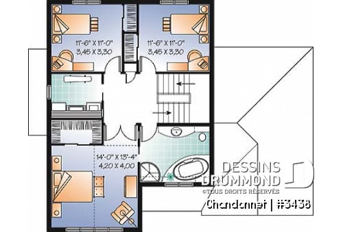 Étage - Plan maison champêtre, 3 chambres, garage, salon en contrebas, salle lavage à l'étage - Chandonnet