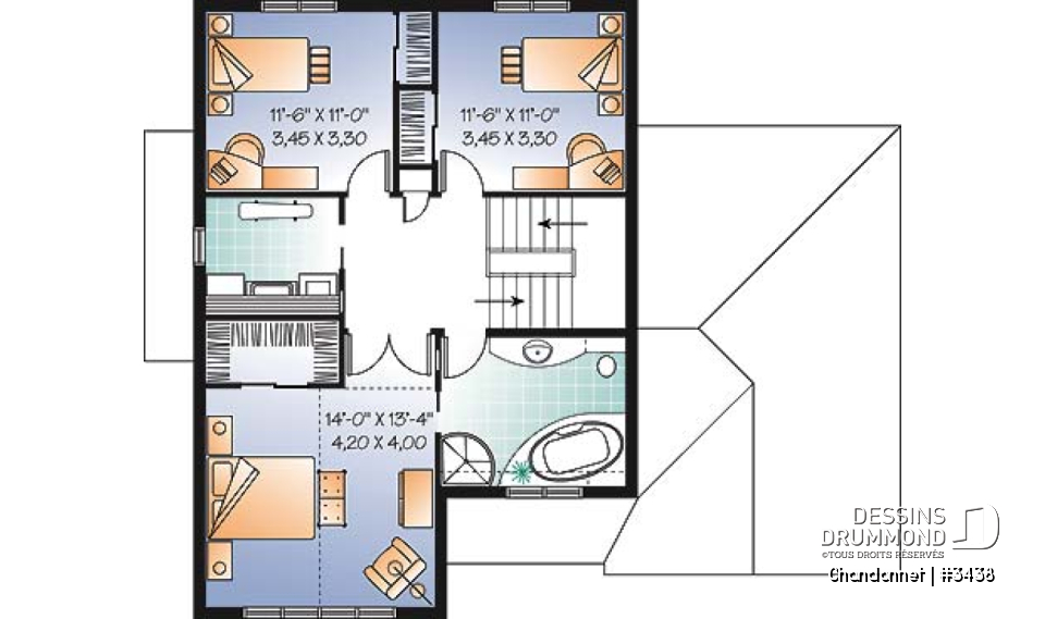 Étage - Plan maison champêtre, 3 chambres, garage, salon en contrebas, salle lavage à l'étage - Chandonnet