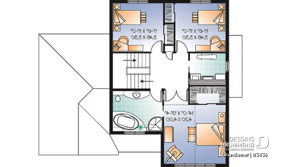 Étage - Plan maison champêtre, 3 chambres, garage, salon en contrebas, salle lavage à l'étage - Chandonnet