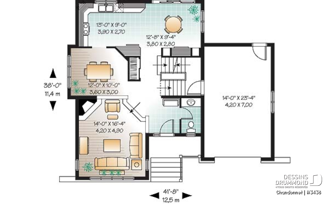 Rez-de-chaussée - Plan maison champêtre, 3 chambres, garage, salon en contrebas, salle lavage à l'étage - Chandonnet
