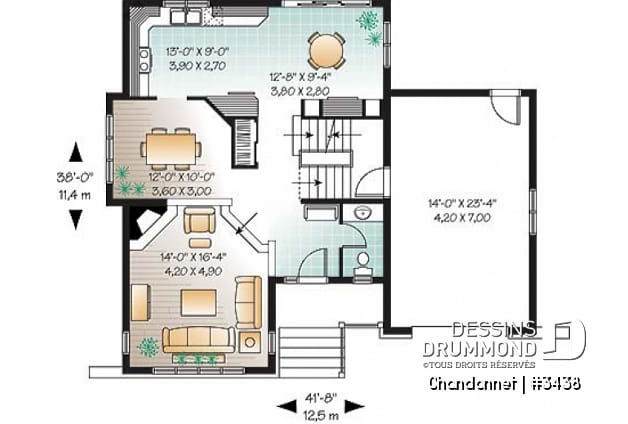 Rez-de-chaussée - Plan maison champêtre, 3 chambres, garage, salon en contrebas, salle lavage à l'étage - Chandonnet