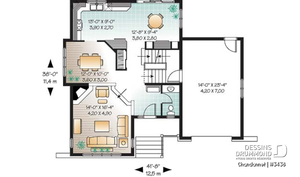 Rez-de-chaussée - Plan maison champêtre, 3 chambres, garage, salon en contrebas, salle lavage à l'étage - Chandonnet