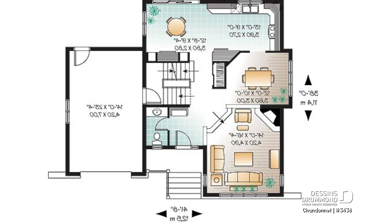 Rez-de-chaussée - Plan maison champêtre, 3 chambres, garage, salon en contrebas, salle lavage à l'étage - Chandonnet