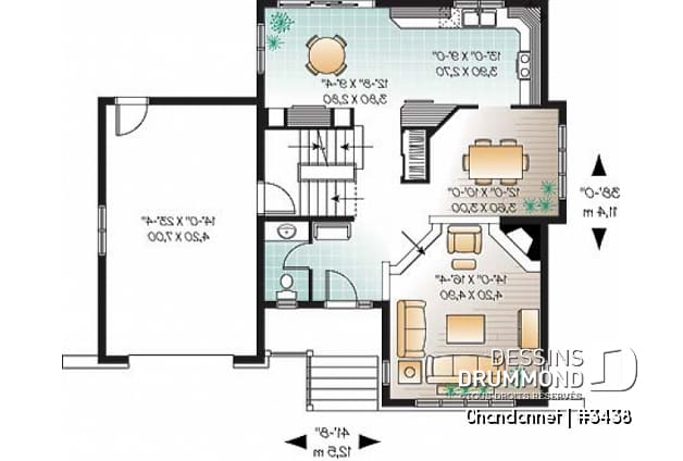 Rez-de-chaussée - Plan maison champêtre, 3 chambres, garage, salon en contrebas, salle lavage à l'étage - Chandonnet