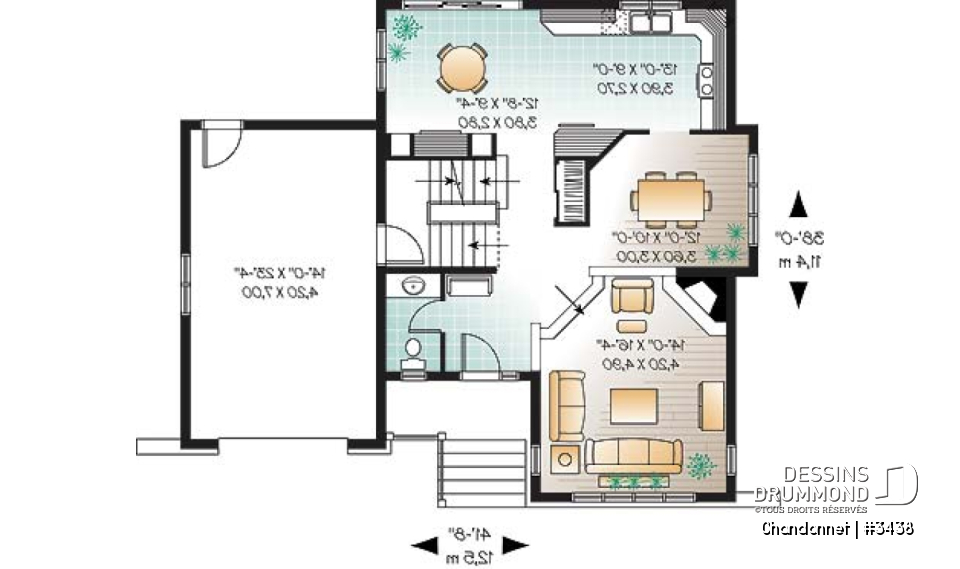 Rez-de-chaussée - Plan maison champêtre, 3 chambres, garage, salon en contrebas, salle lavage à l'étage - Chandonnet