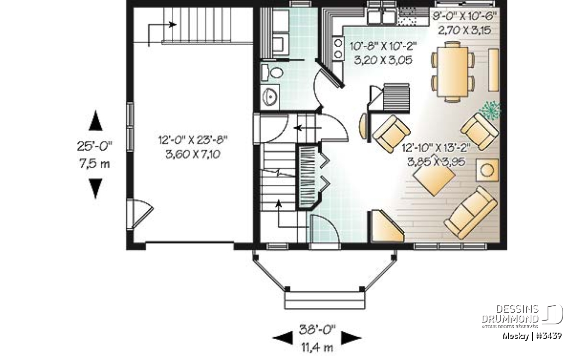 Rez-de-chaussée - Plan de maison udgétaire, à étage, 3 grandes chambres, garage simple avec accès au sous-sol - Meslay