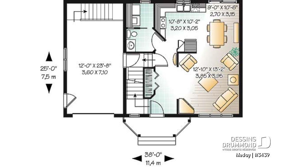 Rez-de-chaussée - Plan de maison udgétaire, à étage, 3 grandes chambres, garage simple avec accès au sous-sol - Meslay