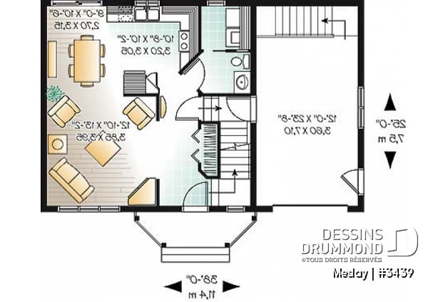 Rez-de-chaussée - Plan de maison udgétaire, à étage, 3 grandes chambres, garage simple avec accès au sous-sol - Meslay