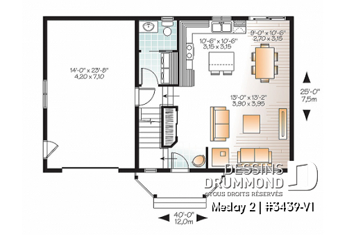 Rez-de-chaussée - Plan de style champêtre nordique, maison à bon prix, à aire ouverte, 3 grandes chambres, garage simple - Meslay 2