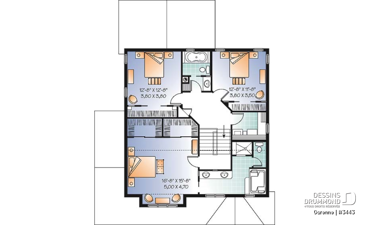 Étage - Plan de maison 3 chambres, walk-in double dans la suite des maîtres, garage double - Garenne