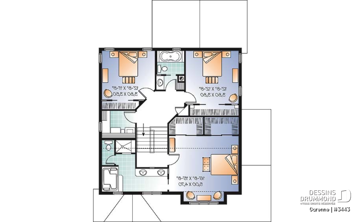 Étage - Plan de maison 3 chambres, walk-in double dans la suite des maîtres, garage double - Garenne