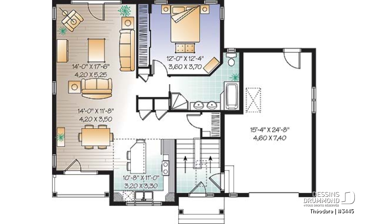 Rez-de-chaussée - plan de 3 chambres dont une avec balcon, plafond cathédrale, espace boni &amp; garage - Théodore