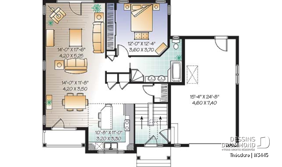 Rez-de-chaussée - plan de 3 chambres dont une avec balcon, plafond cathédrale, espace boni &amp; garage - Théodore