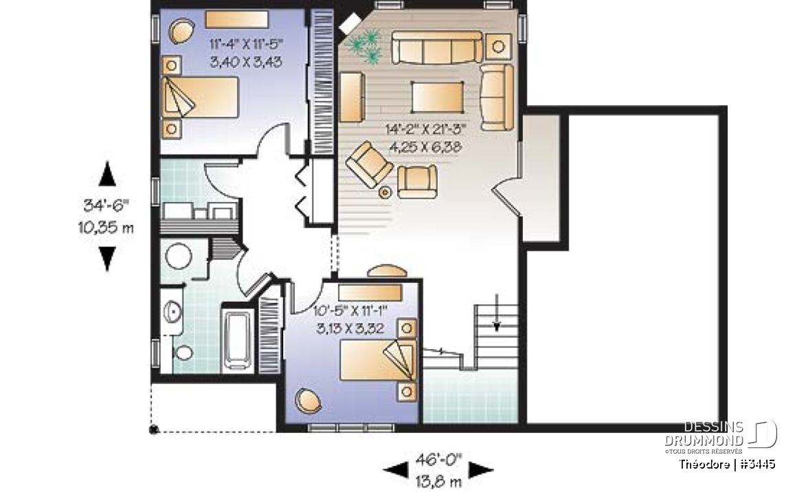 Sous-sol - plan de 3 chambres dont une avec balcon, plafond cathédrale, espace boni &amp; garage - Théodore