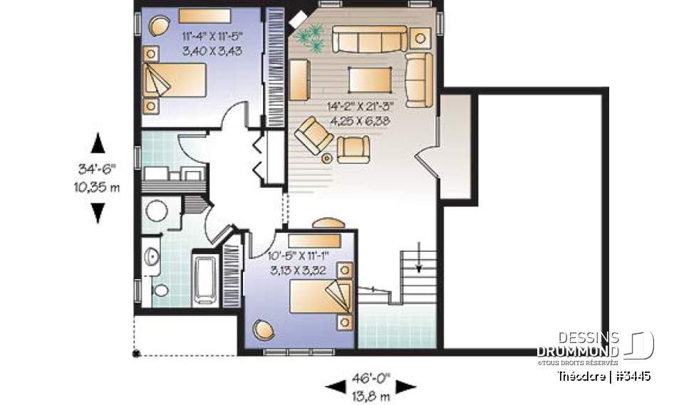 Sous-sol - plan de 3 chambres dont une avec balcon, plafond cathédrale, espace boni &amp; garage - Théodore