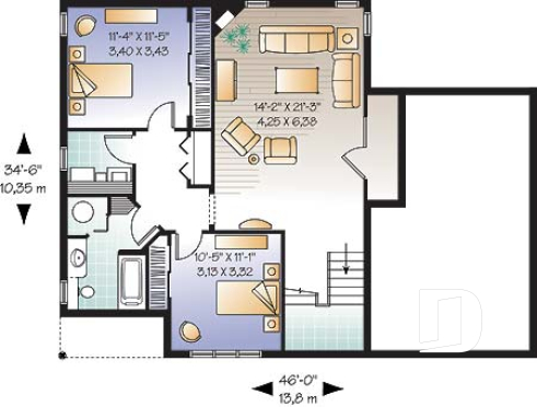 Sous-sol - plan de 3 chambres dont une avec balcon, plafond cathédrale, espace boni & garage - Théodore