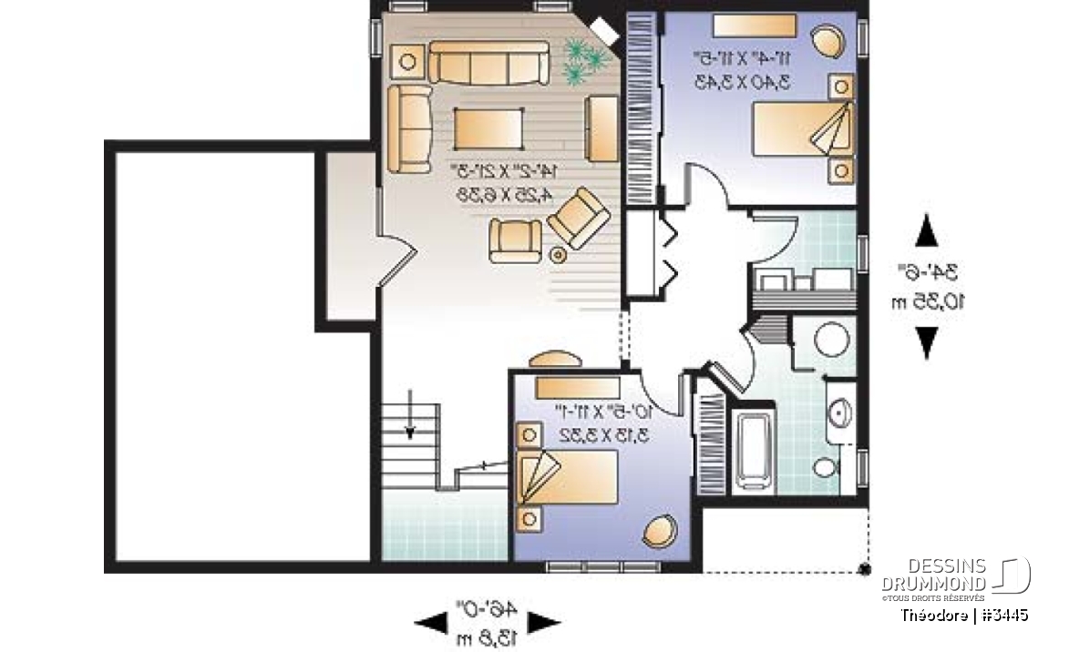 Sous-sol - plan de 3 chambres dont une avec balcon, plafond cathédrale, espace boni &amp; garage - Théodore