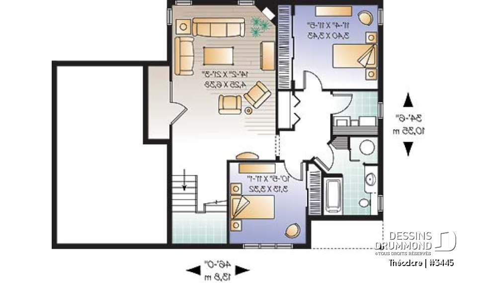 Sous-sol - plan de 3 chambres dont une avec balcon, plafond cathédrale, espace boni &amp; garage - Théodore