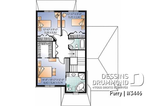 Étage - Plan de maison style manoir, pour terrain étroit, 3 chambres, garage et coin déjeuner - Perry