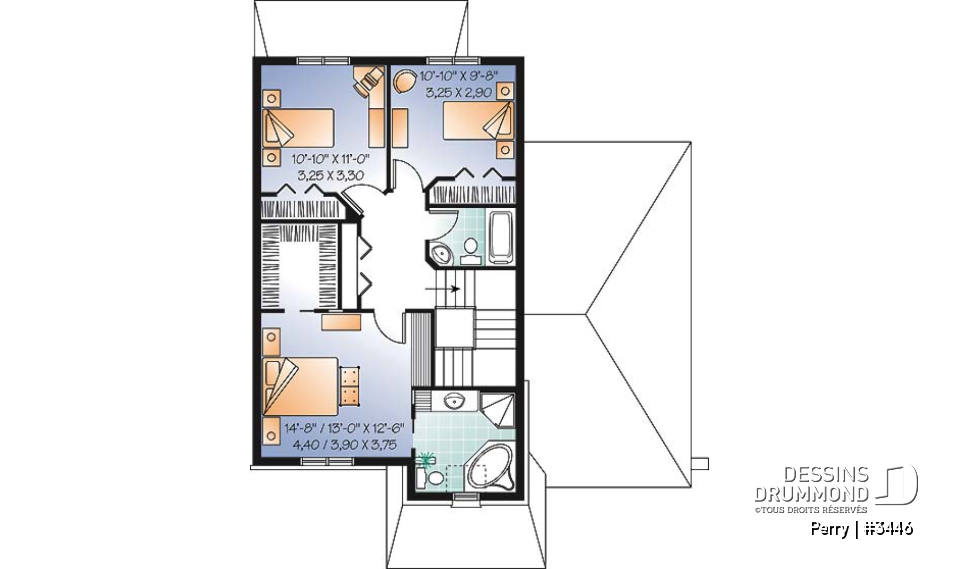Étage - Plan de maison style manoir, pour terrain étroit, 3 chambres, garage et coin déjeuner - Perry