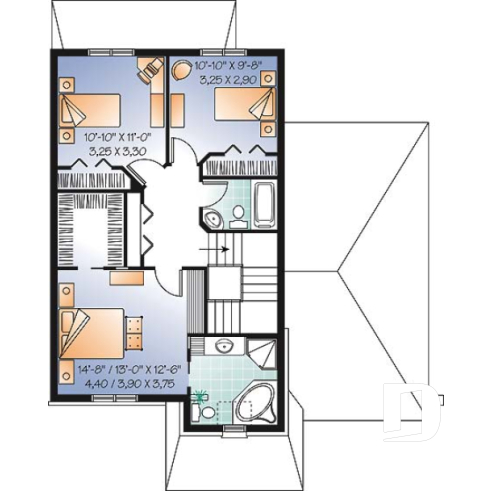 Étage - Plan de maison style manoir, pour terrain étroit, 3 chambres, garage et coin déjeuner - Perry