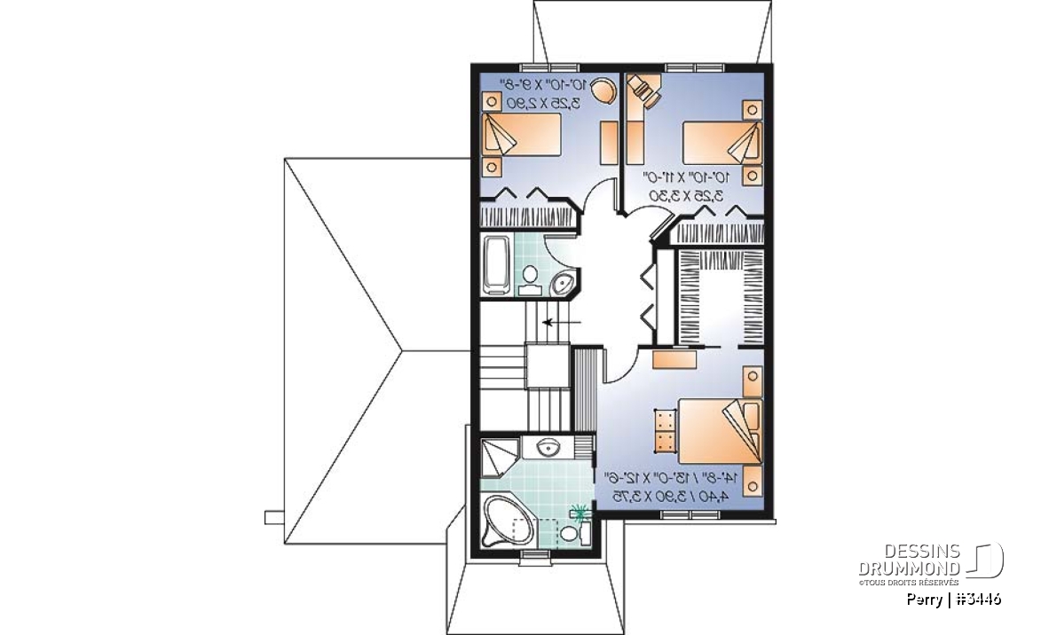 Étage - Plan de maison style manoir, pour terrain étroit, 3 chambres, garage et coin déjeuner - Perry