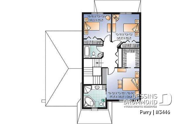 Étage - Plan de maison style manoir, pour terrain étroit, 3 chambres, garage et coin déjeuner - Perry