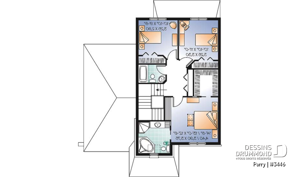 Étage - Plan de maison style manoir, pour terrain étroit, 3 chambres, garage et coin déjeuner - Perry