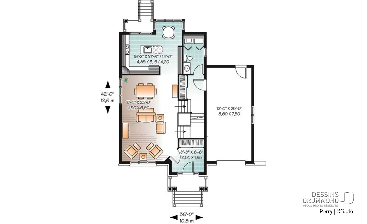 Rez-de-chaussée - Plan de maison style manoir, pour terrain étroit, 3 chambres, garage et coin déjeuner - Perry